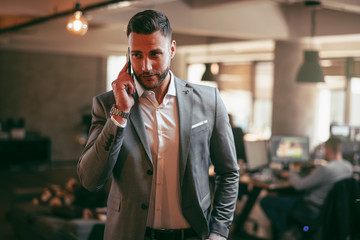 Portrait of attractive businessman in gray suit