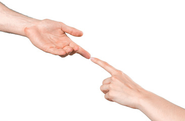Female hand isolated on white background. White woman's hand showing symbols and gestures