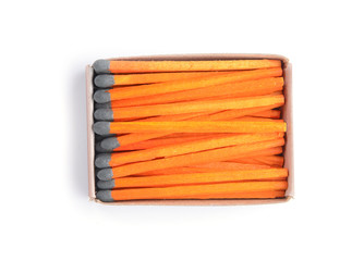Box with matches on white background