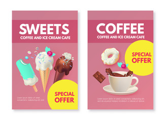 Realistic 3D Ice Cream Flyers Set with Coffee Cup. Fruit, Creamy and Chocolate. Trendy Sweets. Gelato Advertising. Coffee to Go Ad.