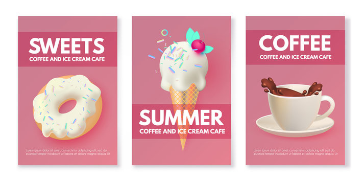 Realistic 3D Ice Cream Flyers Set with Coffee Cup. Fruit, Creamy and Chocolate. Trendy Sweets. Gelato Advertising. Coffee to Go Ad.