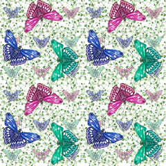 Summer seamless pattern with green grass and butterflies.