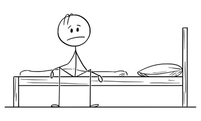 Vector cartoon stick figure drawing conceptual illustration of sad or depressed man siting alone on bed in bedroom and thinking.