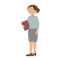 Secretary standing and holding documents in her hand. Vector illustration.