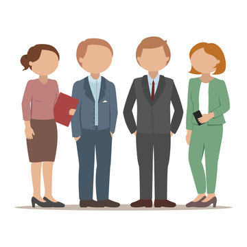 Office employees standing and discussing. Teamwork. Vector illustration.