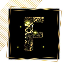 Golden Floral Ornamental Alphabet, Initial Letter F Font with Modern Stylized Frames. Abstract Lines Poster. Vector Typography Symbol for Gold Wedding. Monograms Isolated Design on Black Background