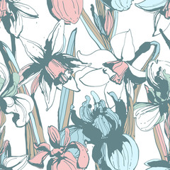 Floral flower narcissus iris seamless hand drawn pattern textured background