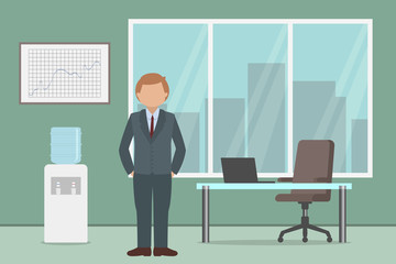 Office worker standing in office. Vector illustration.