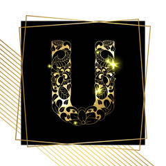 Golden Floral Ornamental Alphabet, Initial Letter U Font with Modern Stylized Frames. Abstract Lines Poster. Vector Typography Symbol for Gold Wedding. Monograms Isolated Design on Black Background