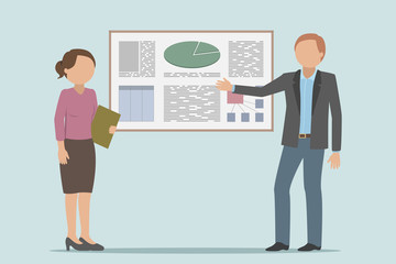 Caucasian man and woman giving business presentation. Vector illustration.