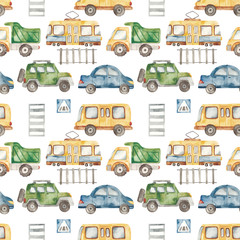 Watercolor seamless pattern with urban cartoon cute transport. Texture for boyish design, birthday, wallpaper, scrapbooking, prints, clothes, fabrics, textiles, packaging.