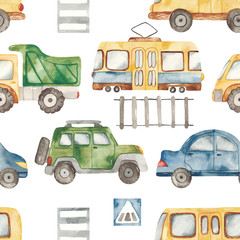Watercolor seamless pattern with urban cartoon cute transport. Texture for boyish design, birthday, wallpaper, scrapbooking, prints, clothes, fabrics, textiles, packaging.
