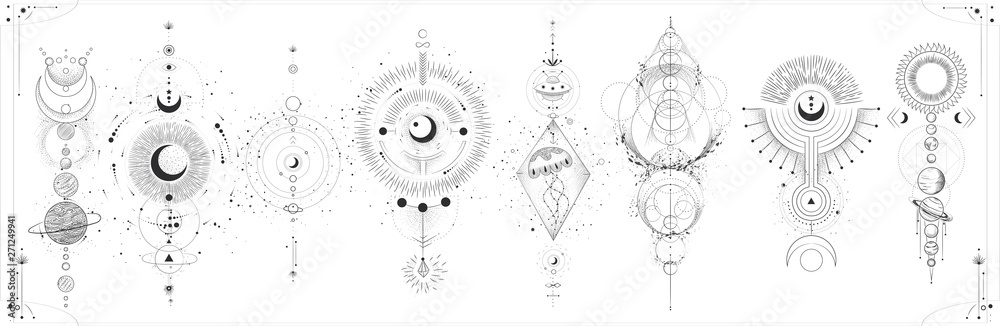 Wall mural vector illustration set of moon phases. different stages of moonlight activity in vintage engraving 