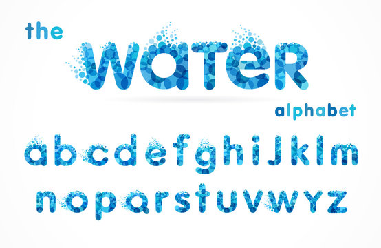 Water drops font, funny blue alphabet, letters and waves. Mineral natural water vector abc icon design 