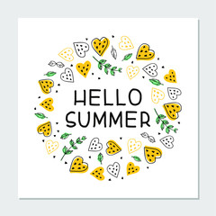 Hello summer  cartoon flat hand drawn lettering. Summer beach party invitation card. Tropical fruit, hearts and mint leaves cliparts. Summer banner, T shirt, poster concept. Vector illustration