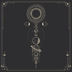 Vector illustration set of moon phases. Different stages of moonlight activity in vintage engraving style. Zodiac Signs