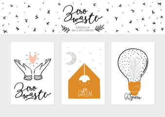 Set of weekly planners and to do lists with zero waste illustrations and trendy lettering. Template for agenda, planners, check lists, and other kids stationery. Isolated. Vector