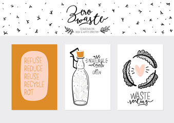 Set of weekly planners and to do lists with zero waste illustrations and trendy lettering. Template for agenda, planners, check lists, and other kids stationery. Isolated. Vector