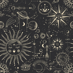 Fototapety  Vector illustration set of moon phases. Different stages of moonlight activity in vintage engraving style. Zodiac Signs