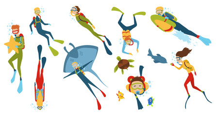 Set of cartoon characters. Underwater divers man and woman with snorkel and mask, vector illustration.