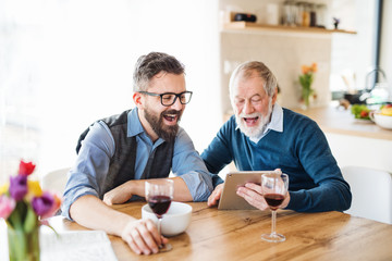 Adult hipster son and senior father sitting at the table indoors at home.