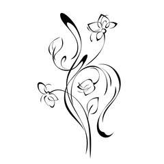 stylized bouquet of three flowers on stems with leaves and curls in black lines on a white background