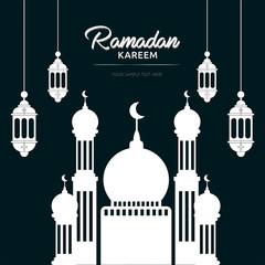 Black Ramadan Background with Mosque, Crescent Moon and Lantern, Ramadan Kareem, Islamic Background - Vector