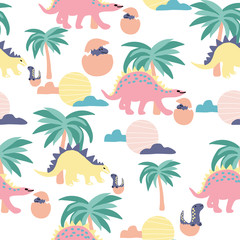 Fototapeta na wymiar Dinosaurus and palm trees, in a repeated pattern