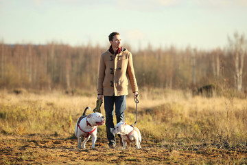 Young happy european smiling and laughing walking in a field with two dogs