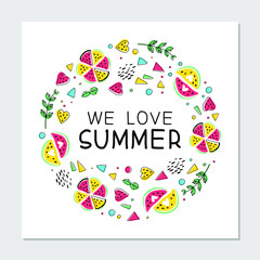 We love summer flat hand drawn illustration. Fruit hearts,  watermelons slices, mint leaves, abstract lines and dots with handwritten lettering. Vegan dieting cliparts. Multicolor vector illustrat