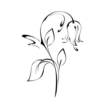 stylized sprig with one bell flower with leaves and curls in black lines on white background
