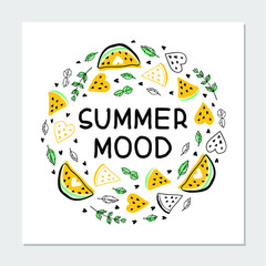 Summer mood flat hand drawn illustration. Fruit hearts, yellow watermelons slices, mint leaves, tiny hearts with handwritten lettering. Fruit ingredients sketch round composition. Vector illustration