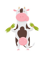 Cute spotted cow eating grass, funny farm animal cartoon character vector Illustration on a white background.
