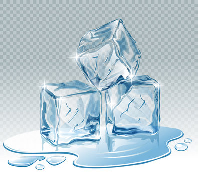 Transparent  blue vector ice cubes and water drops
