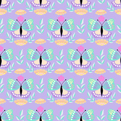 Pastel flowers and butterflies in a seamless pattern