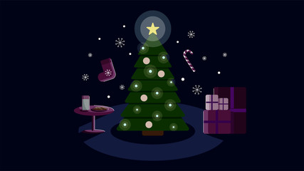 Christmas tree with garlands illustration. New year celebration image. Lights in the dark room