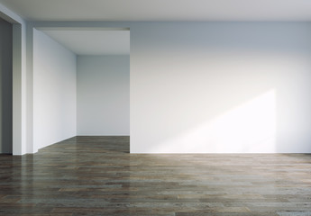 Empty white room with big window and sun light. 3D illustration. 