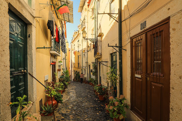 Fototapeta na wymiar A narrow street in Alfama district in Lisbon, Portugal