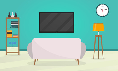 TV and Sofa in the living room. Home furniture background. Vector illustration.