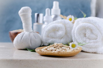 Set of cosmetic products with oat  flakes for sensitive skin care, SPA Beauty concept