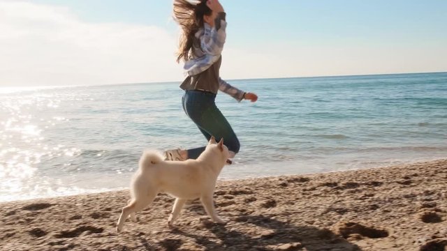 Teen girl run and play ball with her shiba inu beautiful pet on the sunny beach slow motion