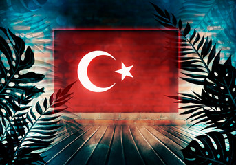 Turkish national flag on abstract background. Abstract festive background with a neon Turkey flag and the silhouette of a tropical palm to the foreground.