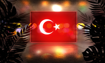 Turkish national flag on abstract background. Abstract festive background with a neon Turkey flag and the silhouette of a tropical palm to the foreground.