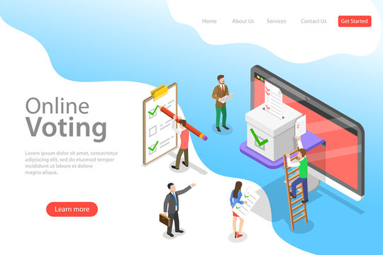 Isometric flat vector landing page template of online voting and election, e-voting internet system.