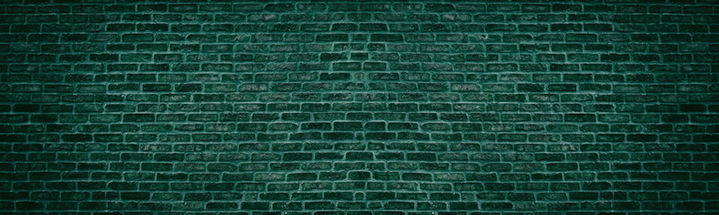 Wide dark bright teal brick wall. Old brickwork texture. Retro grunge panoramic background