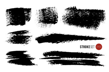 Vector set of hand drawn brush strokes and stains. One color monochrome artistic hand drawn backgrounds and graphic resources. Various shape ink spots and stipes.