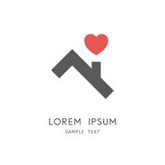 Roof and heart logo - house or home with chimney and love symbol. Happy family, real estate and realty vector icon.