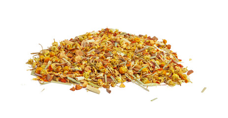 closeup of natural herbal tea made of various loose dried herbs isolated on white