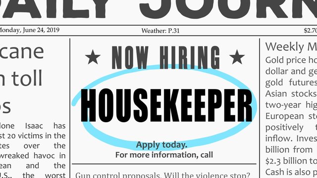 Housekeeper job ad. Housekeeper hiring classified ad. Newspaper ad: housekeeper.