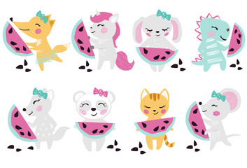 Animals baby girl with watermelon cute summer print. Cat, fox, unicorn, bunny, panda, mouse, wolf, dinosaur with fresh fruit.